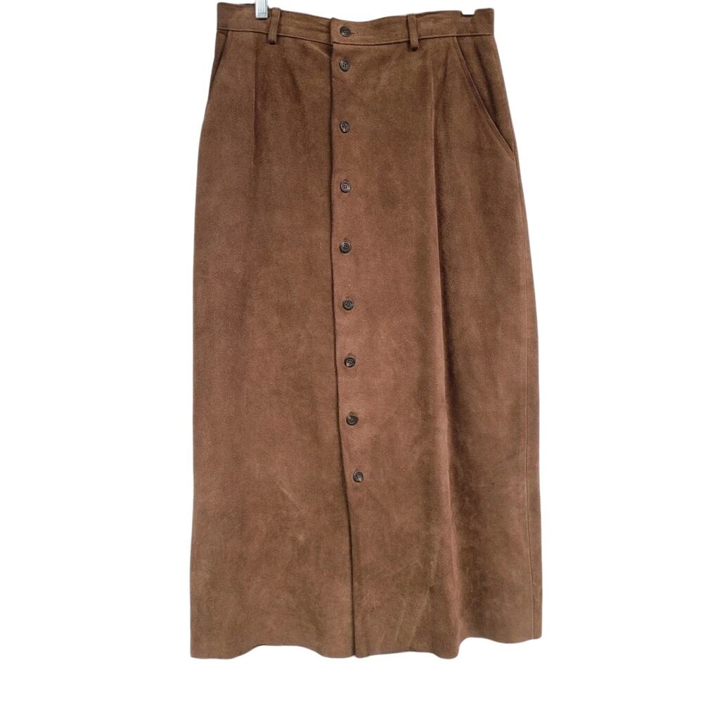 Ralph Lauren Brown Suede Maxi Skirt Size 14 Button Front Western 80s Vintage